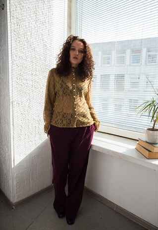 VINTAGE 80'S BROWN/GOLD HIGH COLLAR BLOUSE