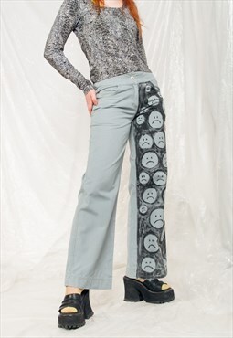 Vintage Flare Jeans Y2K Reworked Sad Face Hand-painted Pants