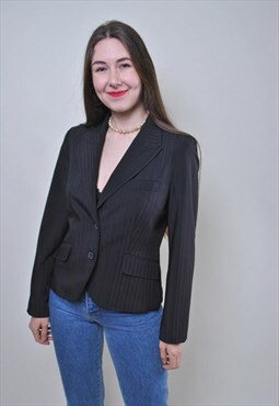 Vintage striped formal suit black blazer, retro woman jacket