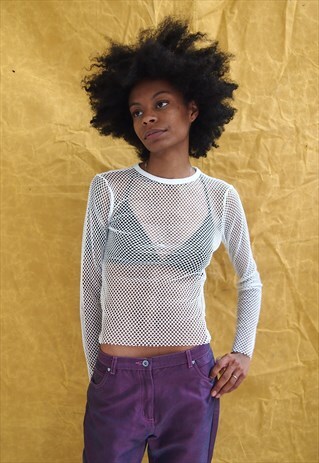 WHITE MESH LONG SLEEVE TOP