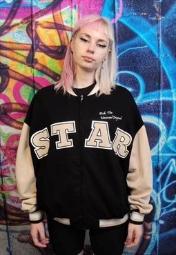 Baggy Y2K varsity jacket star slogan MA-1 bomber in black