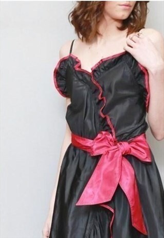 VINTAGE 1980'S BLACK & PINK RUFFLED ROLAND KLEIN MIDI DRESS