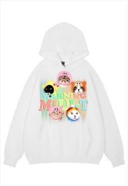 Kitten print hoodie psychedelic pullover cat top in white 