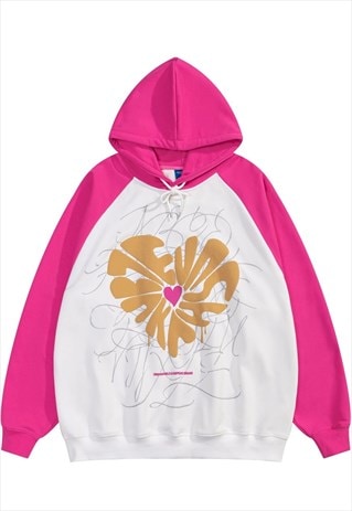 HEART PATCH HOODIE RAGLAN PULLOVER GRAFFITI TOP IN PINK