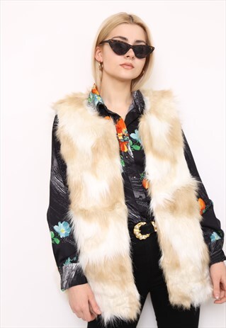 VINTAGE 90S CREAM FAUX FUR WAISTCOAT
