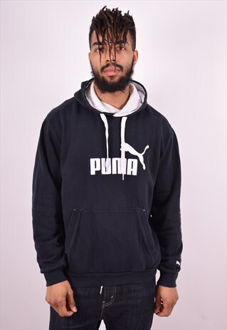 PUMA MENS VINTAGE HOODIE JUMPER LARGE NAVY BLUE 90'S