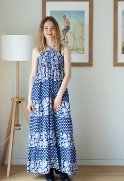 Blue and white printed floral maxi dress