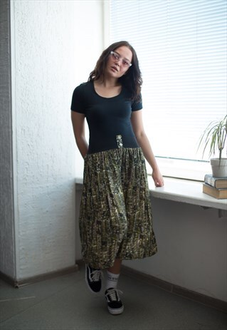 VINTAGE 80'S MIDI GREEN PATTERNED PLEATED SKIRT
