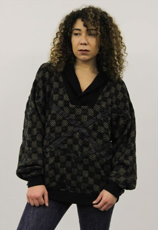 VINTAGE 1980S BLACK AND BROWN PATTERNED JUMPER