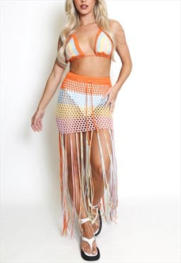 Multicoloured Crochet Bralet And Tassel Skirt Set In Orange 