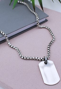 Sterling Silver oxidised Heavy Box chain Dog Tag Necklace