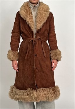 90s Brown Faux Fur Trim Suede Afghan Long Coat with Belt