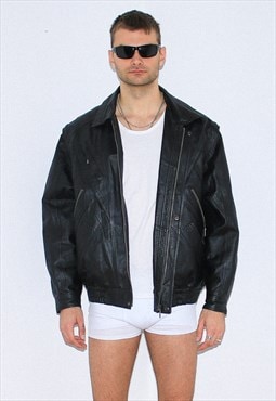 Vintage 90s bomber leather jacket in black