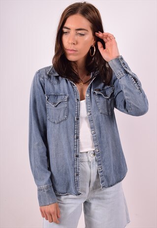 LEE WOMENS VINTAGE DENIM SHIRT MEDIUM BLUE 90S