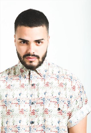 VINTAGE 80S CRAZY PATTERN FESTIVAL SHORT SLEEVE SHIRT /S5890
