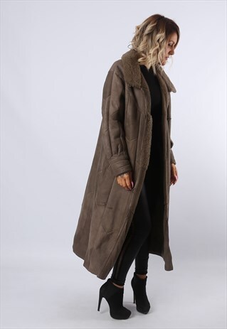 SHEEPSKIN LEATHER LONG COAT JACKET SHEARLING UK 12 (C8DE)