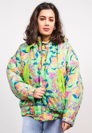 90'S VINTAGE GREEN CRAZY FUNKY PATTERN PADDED SKI COAT