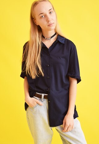 90'S RETRO NAVY BLUE OVERSIZED MOMS BLOUSE TOP