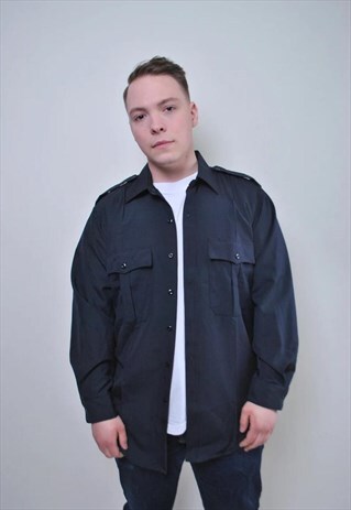 VINTAGE MILITARY BLACK SHIRT, MEN WOOL BUTTON DOWN