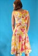 VINTAGE 1980S YELLOW FLORAL ABSTRACT DRESS WATERFALL SKIRT
