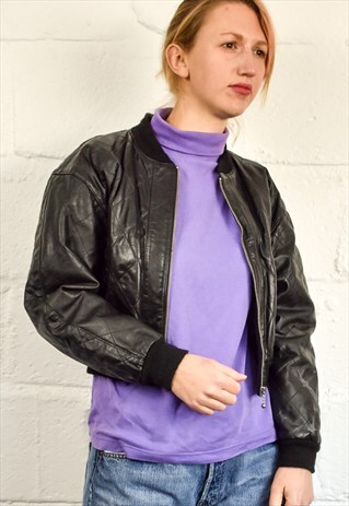 VINTAGE 90S BLACK QUILTED LEATHER BOMBER JACKET