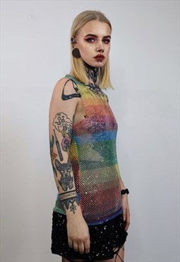 Sparkly mesh top Rainbow vest embellished Gay sleeveless