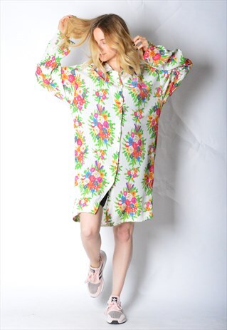 VINTAGE 80S COLOURFUL FLOWER LONG SHIRT