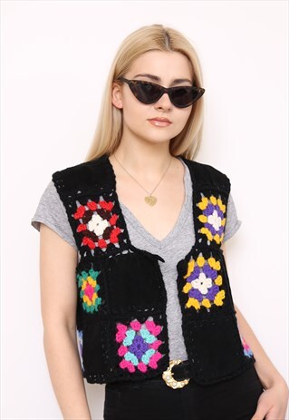 VINTAGE 70S CROCHET PATCHWORK KNIT WAISTCOAT