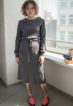Vintage 80's Grey Knitted Long Sleeved Midi Dress