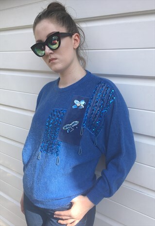 WOMENS VINTAGE 80S JUMPER BLUE FLORAL SWEATER SEQUIN TOP