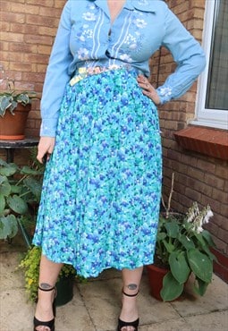 Vintage 90s Blue Cottage Floral Flower Festival Midi Skirt