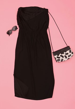 80S BLACK STRAPLESS MIDI DRESS