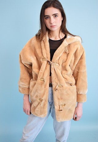 VINTAGE 80'S RETRO OVERSIZED FAUX FUR NEUTRAL COAT