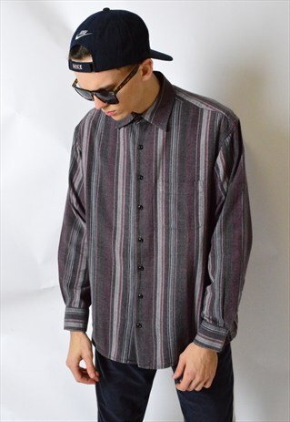 VINTAGE 90S GREY BURGUNDY STRIPED GRUNGE LONG SLEEVE SHIRT