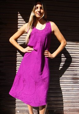 Embroidered Purple Sleeveless Dress