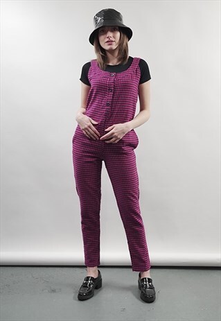 VINTAGE 80'S PINK AND NAVY CHECKED ROMPER DUNGAREES