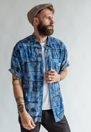 VINTAGE 80S BLUE FESTIVAL SHIRT IN BIRD PATTERN