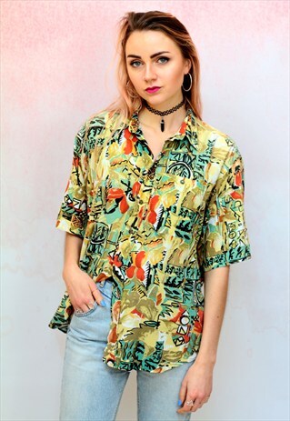 1990S VINTAGE YELLOW PRINT BOYFRIEND OVERSIZED VISCOSE SHIRT