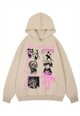 Punk hoodie psychedelic print pullover raver top in cream