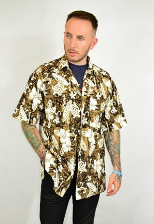 VINTAGE 90S BROWN WHITE FLORAL FUNKY PRINT FESTIVAL SHIRT