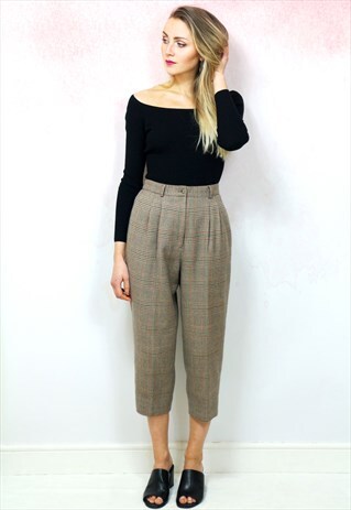 1980S VINTAGE LIGHT BROWN CHECK WOOL HIGH WAIST TROUSER