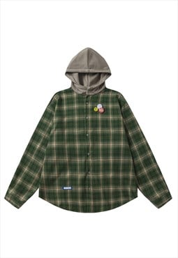 Hooded shirt checked blouse plaid retro grunge top in green