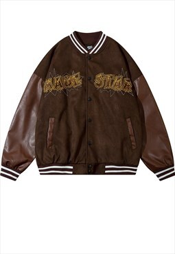 College varsity jacket star slogan bomber retro coat brown