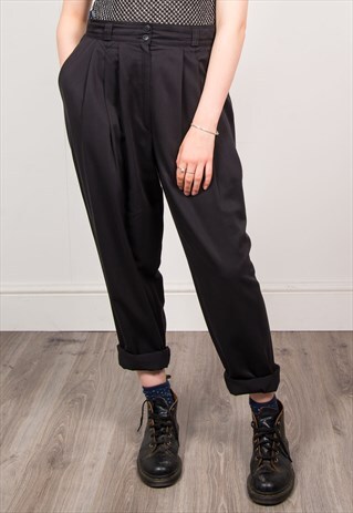 VINTAGE 90'S BLACK HIGH WAIST SMART TAPERED LEG TROUSERS