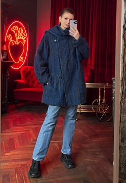 Blue Mohair Overcoat, Wool Mid length Winter Coat