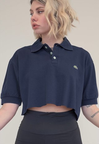 VINTAGE REWORKED LACOSTE CROP TOP POLO SHIRT IN DARK BLUE