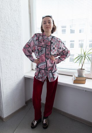 VINTAGE 80'S PINK/GREY PASTEL PATTERNED BLOUSE