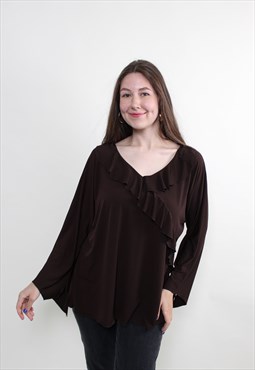 Vintage Y2K Brown Ruffled Blouse Casual Stretchy Top