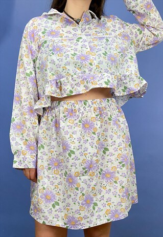 REWORKED CO-ORD TOP AND SKIRT SET PURPLE FLORAL - M/L