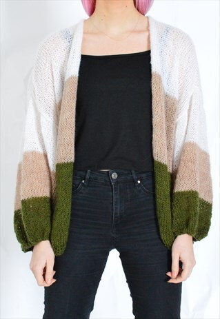 Y2K BEIGE WHITE KHAKI KNIT STRIPED WOOL BLEND CARDIGAN